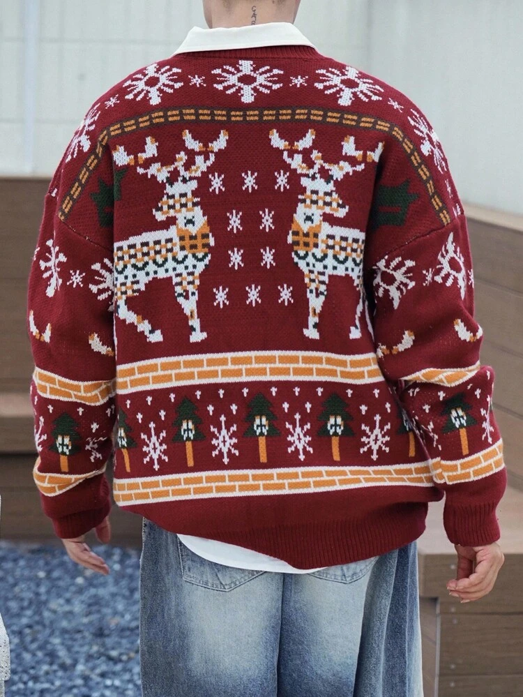 Autumn Men's Casual Deer Pattern Dropped Shoulder Long Sleeve Knitted Sweater, Christmas