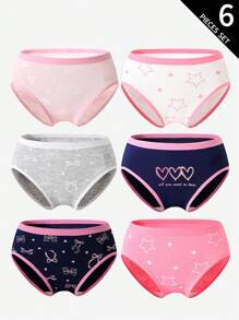 Sparklyn 6pcs/Set Girls' Cotton Cute Heart, Bow, Star, Plaid Print Panties, Underwear Kids Panties Panties 6 Piece Set,Backto SchoolFashion Fall Winter