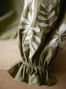 Elaquor 大码花卉印花长袖衬衫 - 軍綠色 - 查看 6