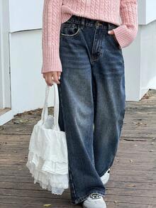 DAZY Tween Girls' Pocketed Wide Leg Loose Casual Versatile Jeans