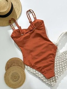 Swim Chiccia Swim Chic 女士纯色细肩带金属装饰镂空海滩度假连体泳衣 - 鏽棕色 - 查看 4