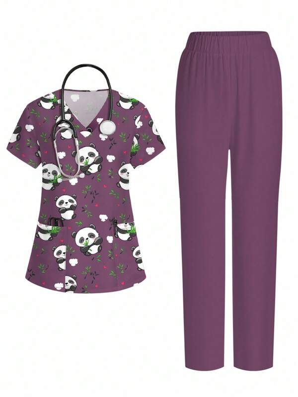 PopScrub Cartoon Panda Print Short Sleeve Top And Pants Nurse Uniform Set