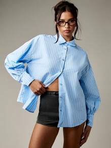 MISSGUIDED Women Striped Button Down Shirt Open Back Tie Detail Balloon Sleeve Professional Business Casual Office Wear Spring Summer Autumn Blouse - Blue - View 2