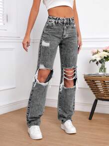 SHEIN Tall Damen Gerade geschnittene Loose Fit Jeans mit Taschen und Destroyed-Effekt