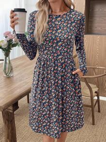 EMERY ROSE Women's Ditsy Floral Round Neck Long Sleeve Casual Mini Dress, Suitable For Vacation Fall Dresses Fall Clothes Winter Clothes For Women Office Dress Work Dresses For Women