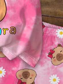 SHEIN 2件套幼儿女童休闲可爱卡通水豚印花扎染短袖T恤和短裤夏季服装 - 彩色 - 查看 5