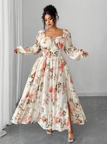 Elenzga 万圣节加大码女士优雅法式时尚个性化荷叶边泡泡袖修身长裙，适合日常穿着、外出、通勤，秋季女装 - 彩色 - 查看 3