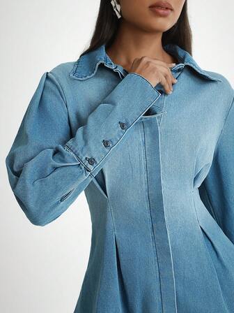 Daynim Women's Casual Waist Cinched Long Sleeve Pleated Denim Shirt Blouse
