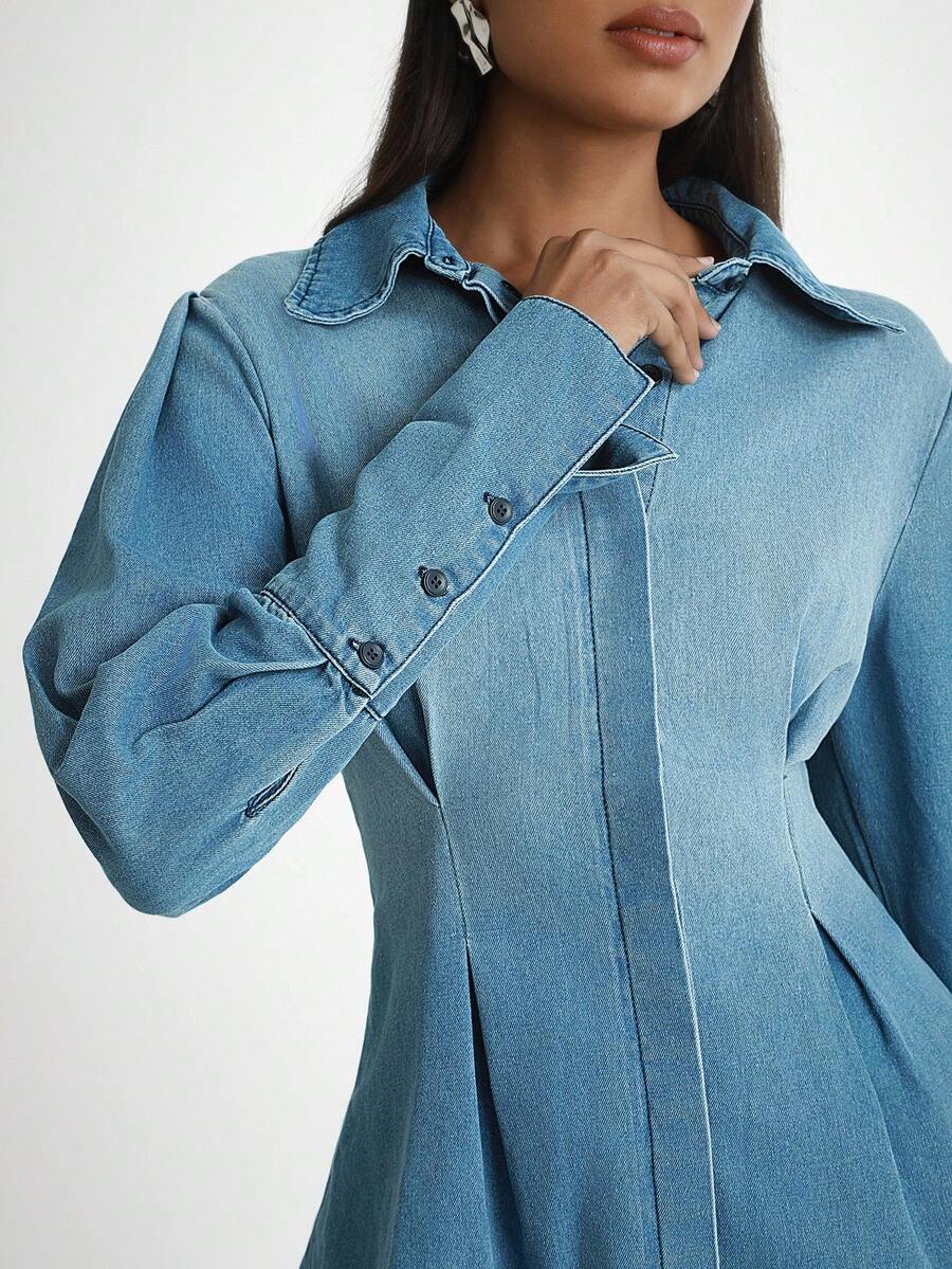 Daynim Women's Casual Waist Cinched Long Sleeve Pleated Denim Shirt Blouse - Medium Wash - View 1