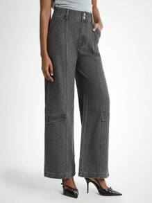 Daynim 女士休闲口袋阔腿宽松牛仔裤 - 淺灰色 - 查看 4