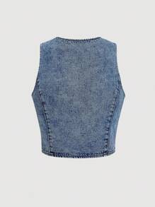 SHEIN MOD Women's Rhinestone Fringe Front Tie Denim Vest Jacket