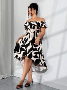 Elenzga 大码优雅花卉印花露肩连衣裙，夏季