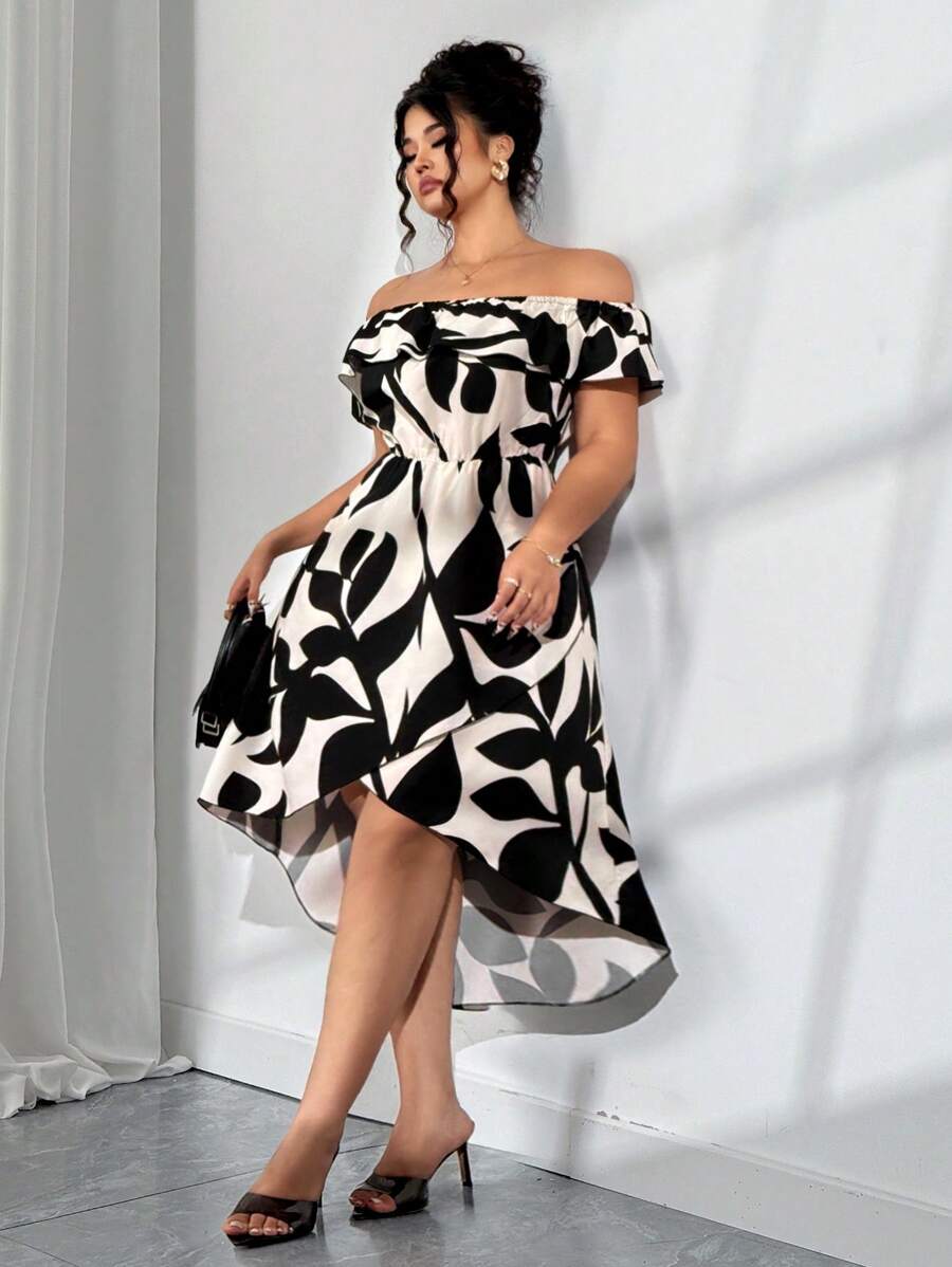 Elenzga 大码优雅花卉印花露肩连衣裙，夏季