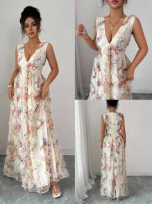 Elenzga Gaun Wanita Elegan Romantis Model Mengembang, Tanpa Lengan, Leher V, Pinggang Terikat, Bahan Jaring Kasa Bermotif Bunga - MultiWarna - View 3