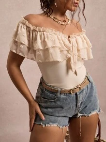 SHEIN VCAY Plus Size Casual Off Shoulder Ruffle Trim T-Shirt Ruffled Top Milkmaid Top Off The Shoulder Top Swiss Dot Top Cute Tops Going Out Tops Women Flowy Top Sexy Tops Casual Tops Women Work Tops Women Back To School Fall Teacher School Teacher Country Concert Western Boho Rave Vintage 2000s Style Fall Plus Size Country Old Money Bohemian Casual Autumn - Apricot - View 5