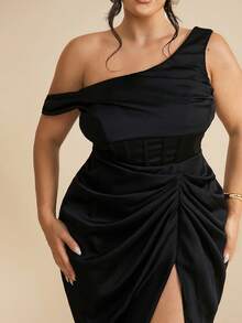 SHEIN BAE Váy xòe nhún bèo dự tiệc xuân/hè cỡ lớn cho nữ, váy satin - màu đen - Xem 2