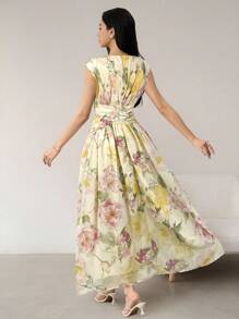 Heiryn Women's Floral Print Crew Neck Criss-Cross Design Elegant Dress