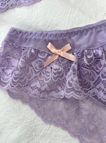 2 件套花卉蕾丝舒适半罩杯文胸和荷叶边蝴蝶结内裤套装，淡蓝色和粉色，适合度假和音乐节 - 紫色 - 查看 4