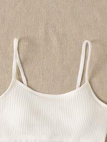 SHEIN 少女三件套白色纯色百搭吊带背心，简约休闲舒适加垫文胸，白色罗纹抹胸上衣三件装，针织抹胸套装，白色露脐背心带文胸