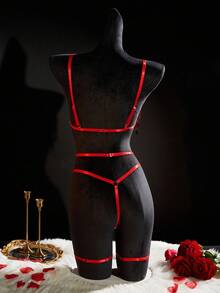 SpicyHot Bộ đồ lót 6 món siêu gợi cảm hở hang lấp lánh dành cho nữ bao gồm: Áo ngực, quần lọt khe, xích eo, vòng tay, 2 khuyên chân, đồ đi chơi - Đỏ - Xem 2