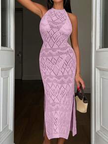 SHEIN Tall Cover-Up Dress With Hole, Slit, Halter Neck, - Baby Pink - View 3