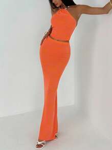 Aloruh 女士夏季度假海滩性感露背串珠花卉针织橙色吊带上衣 + 加长针织花卉图案短裙 2 件套秋冬性感女装 - 橘色 - 查看 3