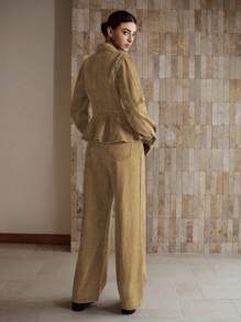 MOTF PREMIUM FLAP DETAIL PEPLUM HEM DENIM JACKET & WIDE LEG JEANS SET - Khaki - View 2
