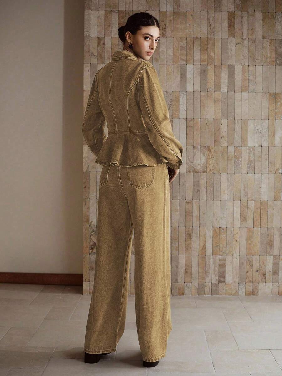 MOTF PREMIUM FLAP DETAIL PEPLUM HEM DENIM JACKET & WIDE LEG JEANS SET - Khaki - View 2