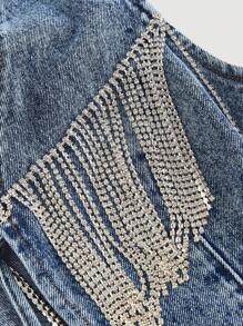 SHEIN MOD Women's Rhinestone Fringe Front Tie Denim Vest Jacket