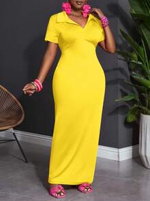 Slaydiva Vestido de manga corta con cuello polo, ajustado, elástico, minimalista, versátil y casual para uso diario en verano, talla grande para mujer