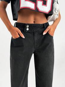 EURMUSE Pantalón vaquero recto con detalles de cintura media - Negro - Ver 4