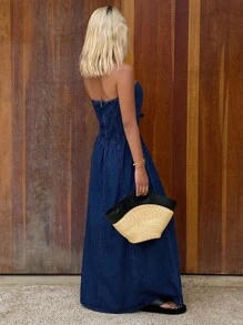 Livesso Vestido de mezclilla de cintura ceñida y longitud media sin tirantes para mujer - Azul - Ver 4