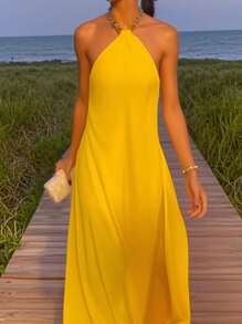 INAWLY Plus Size Women's Fashion Casual Elegant Romantic Solid Color Maxi Dress, Suitable For Vacation - Yellow - View 2