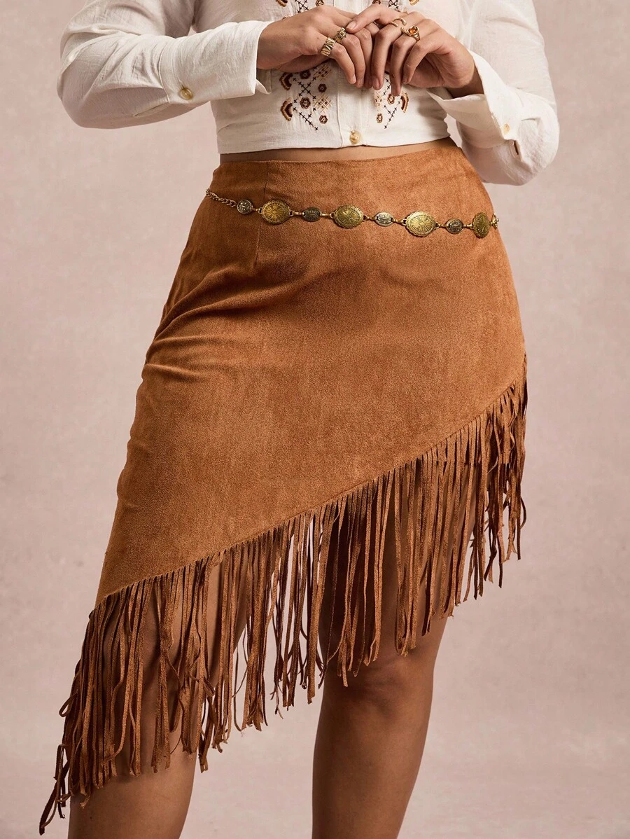 Freevana Asymmetrischer Fransen-Dekor Lässig Lässig Rock, Fransen Rock, Western Rock, Cowgirl Rock, Wildleder Rock, Country Rock, Rückkehr zur Schule Herbst Lehrerin Schule Lehrerin Country Konzert Western Boho Rave Vintage 2000er Jahre Stil Herbst Große Größen Country Old Money Bohemian Lässig Herbst