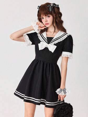 J-Fashion Vestido mini de mujer con rayas y cuello azul marino, estilo Dark Academia con volantes en el bajo, femenino