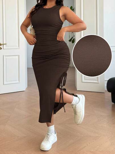 Solflare Plus Size Women Casual Ruched Side Slit Dress, Wedding Guest Dress Sundress ,Festival, Birthday Dresses Split Dress Tie Side Dress Bodycon Dress Sage Brown Dress,Wedding Guest Dress Women,Brown
