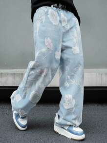 Manfinity Roghcode Plus Size Men's Rose Print Washed Denim Jeans, Casual Streetwear Street Style, All Season Flower Harajuku Emo City Break Work Light Blue Floral Summer - Light Wash - View 1