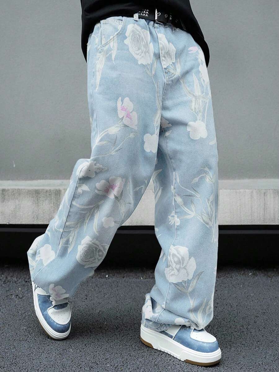 Manfinity Roghcode Plus Size Men's Rose Print Washed Denim Jeans, Casual Streetwear Street Style, All Season Flower Harajuku Emo City Break Work Light Blue Floral Summer - Light Wash - View 1