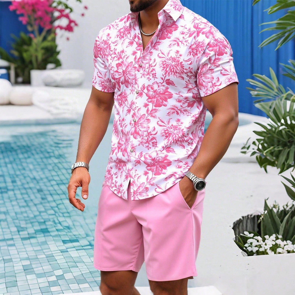 Conjunto casual de camisa de manga corta con estampado floral y pantalones cortos para hombre, atuendo cómodo para vacaciones