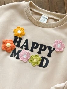 SHEIN Baby Girl Beige Autumn Casual Family Matching Happy Mood Floral Sweatshirt And Black Crisscross Leggings Set,Minimalist Round Neck Pullover Outfit - Apricot - View 3