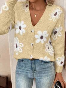 EMERY ROSE 女式花卉印花长袖单排扣休闲开衫 - 黃色 - 查看 1