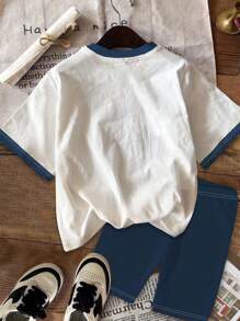 SHEIN Leap Crew 2pcs/Set Tween Girls Casual Bow Print Short Sleeve T-Shirt And Shorts Set, Suitable For Summer - White - View 7