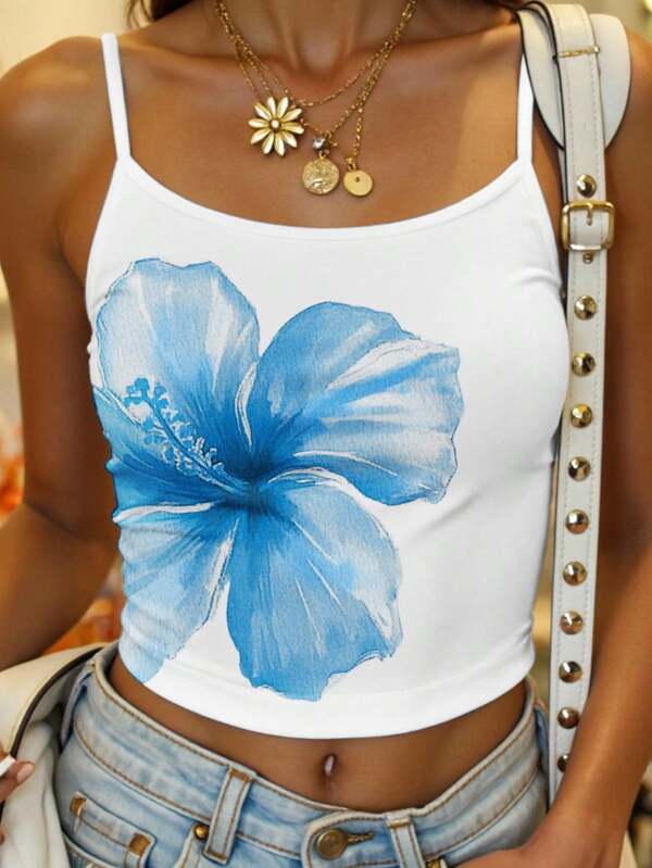 Tropical Floral Print Beach Vacation Tween Girl Fitted Casual Sporty Cropped Tank Top, Basic Wear