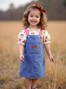 SHEIN 2pcs Young Girl Casual Floral Print Shirt & Denim Pinafore Dress Set - Light Wash - View 11