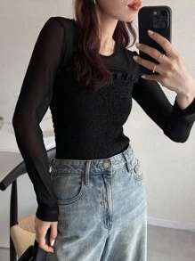 FRIFUL Femmes T-shirt ample à manches longues col rond en couleur noire unie, patchwork en tissu de maille transparente, coupe slim, automne - Noir - Voir 6