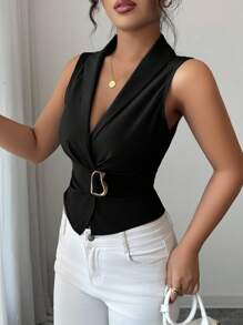 Elenzga 女式端庄复古风格金属黑纽扣衬衫 - 黑色 - 查看 5