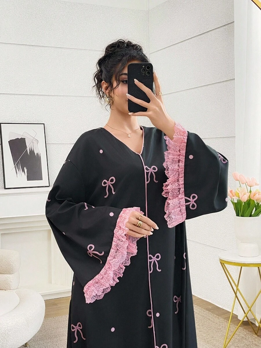 Yasmyna 女式蝴蝶结印花V领喇叭袖宽松阿拉伯风格连衣裙 - 粉色 - 查看 1