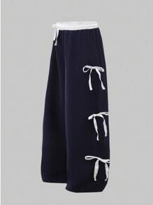 Spodnie dla dziewcząt w wieku nastoletnim, luźne, szerokie, w stylu ulicznym, sportowe, w kontrastowym kolorze, z kokardką i ściągaczem w pasie