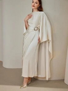 Veilorie 女士优雅纯色金属装饰宽松连衣裙 - 杏色 - 查看 6