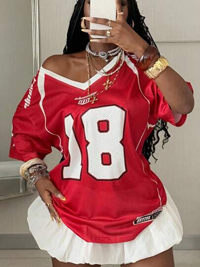 Coolane Women's Summer/Fall Streetwear Going Out Sport Vintage Breathable Mesh Graphics Soccer Jersey Red T-Shirt,Off The Shoulder Top